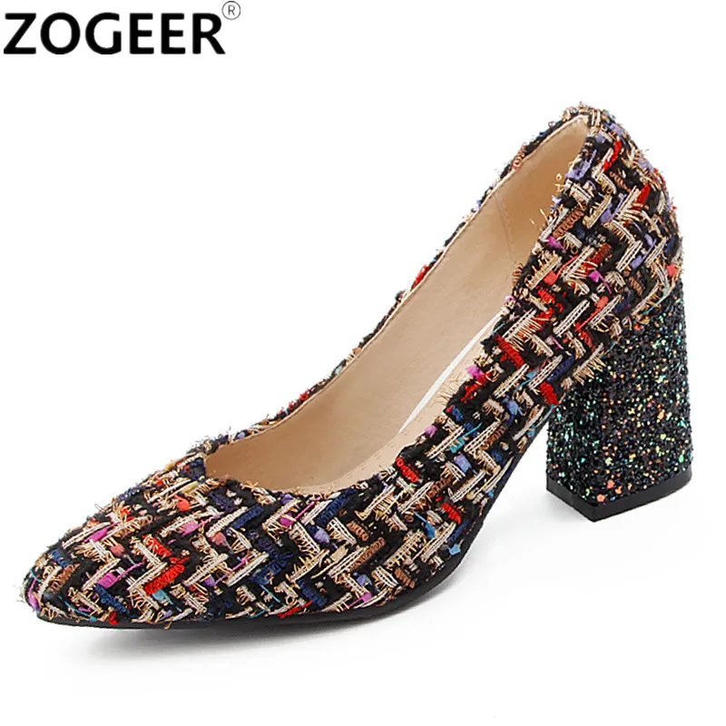 

2019 Colorful Women Pumps Female New Elegant Office Breathable Shallow Pumps Classical Grid Thick Heels Shoes Woman