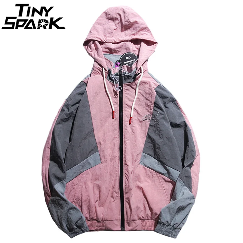 

Men Hip Hop Hooded Windbreaker Jacket Vintage Pink Color Block Jacket Coat Streetwear Autumn 2018 Casual Track Jacket Embroidery