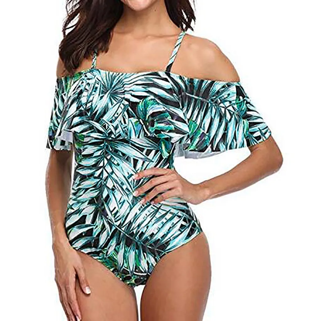 

Bikini 2019 Sexy Women One Piece Vintage Printed Off Shoulder Flounce Ruffled Swimsuits bathing suit bathers Biquini 4sg