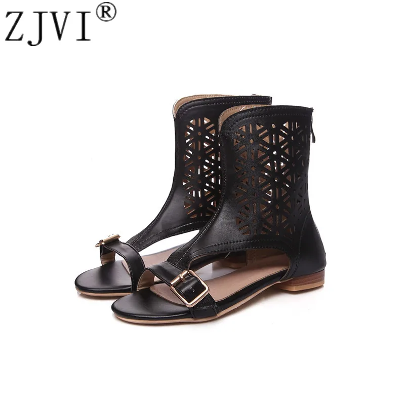 

ZJVI woman 2019 fashion cut outs summer mid calf rain for women black white boots shoes white gladiator sandals sandalias mujer