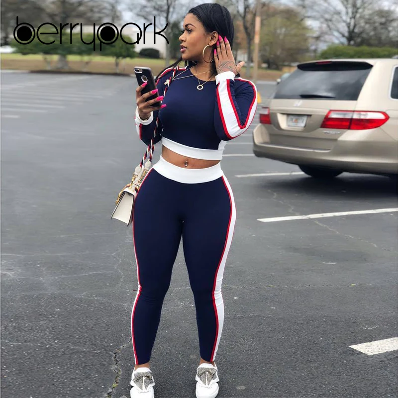 

BerryPark Sport 2 Piece Set 2019 Women Patchwork Long Sleeve Crop Top and Pants Suit Tracksuit Running Outdoor in Winter Clothes