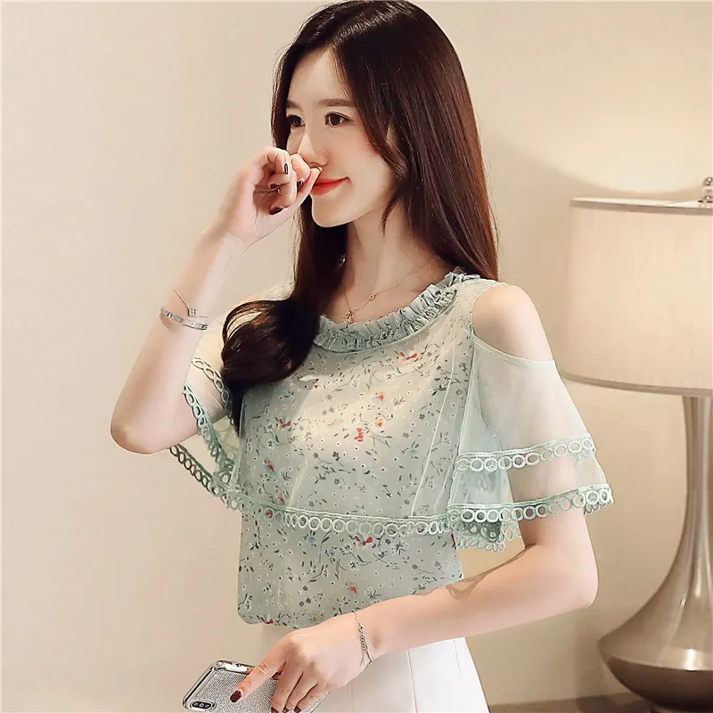 

Fashion Summer Women Blouses And Tops Mesh Short Sleeve Print Female Office Shirts Lady Casual Chiffon Blouse