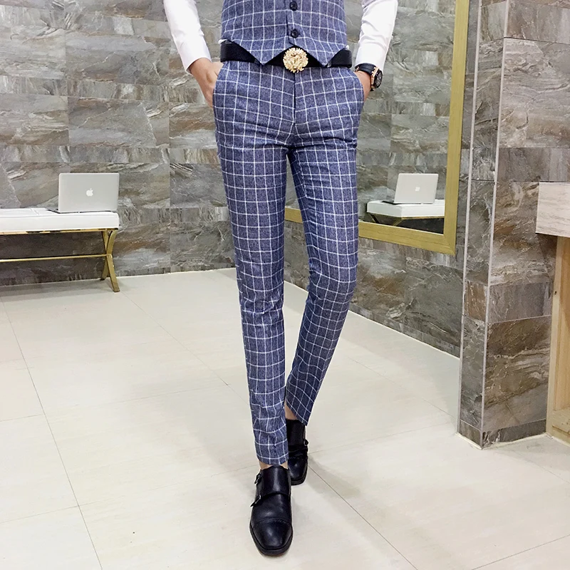 Mens Checked Pants Slim Fit Men Office Trousers Men Formal Pant Plaid ...