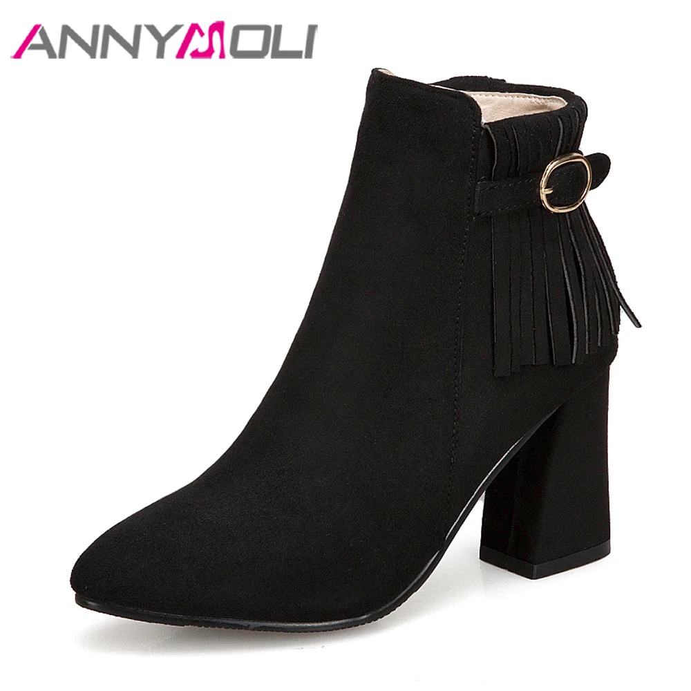 

ANNYMOLI Square High Heel Boots Fringe Boots Winter Zip Fashion Pointed Toe Short Boots Zipper Ladies Footwear Autumn Red Green