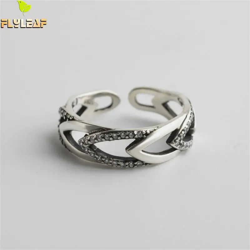 

Flyleaf 925 Sterling Silver Rings For Women Leaf Shape Zircon Personality Creative Fashion Fine Jewelry Simple Open Ring Vintage