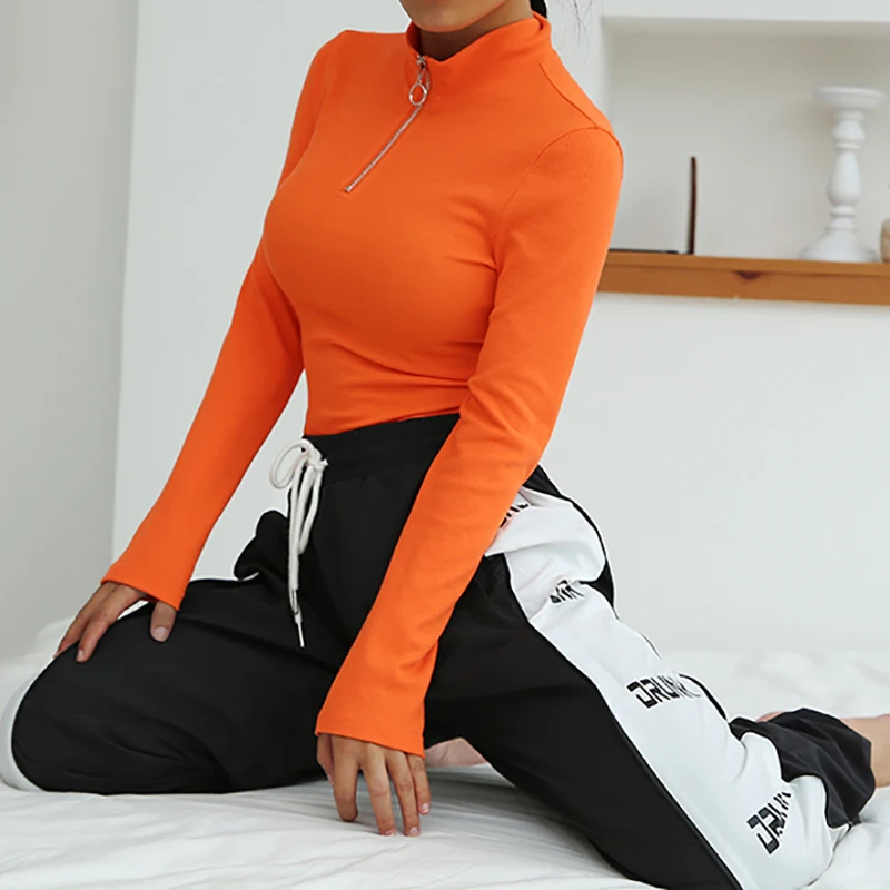 Sweetown короткий топ с длинным рукавом Футболка женская оранжевая Сексуальная корейская мода Топы Осень Vogue вязаная водолазка футболка