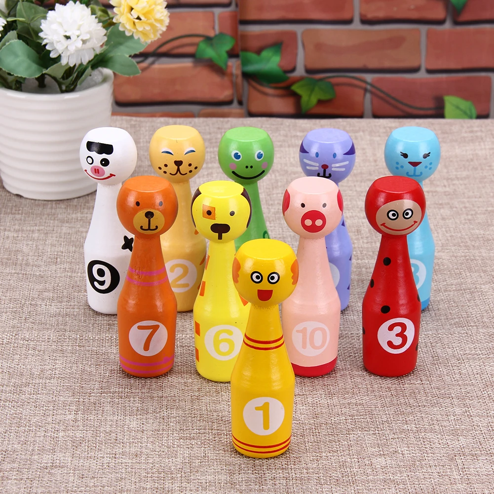 Mini Kartun Kayu Bola Bowling Permainan Lucu Hewan Bentuk Anak Anak