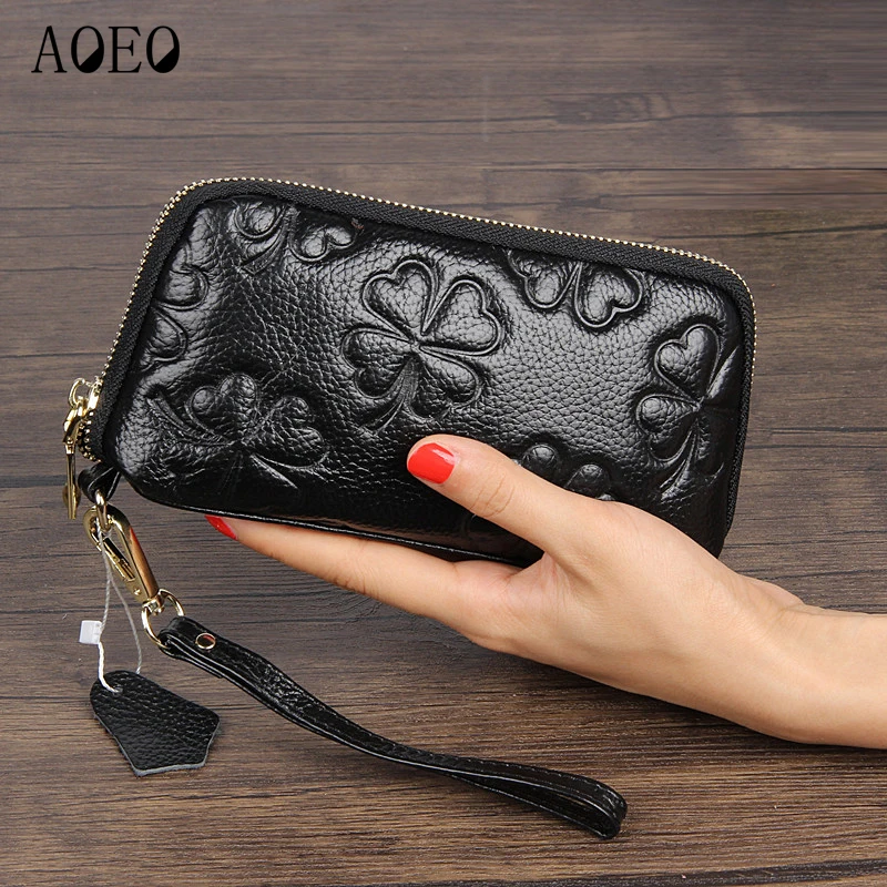 

AOEO Girls Wallet Phone Pockets Large Capacity Genuine Leather Purse For Women Clutches Ladies Long Money Bag Wallets Female