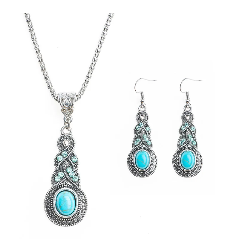 

SHUANGR New Arrival Silver Color Fashion Jewellery Set Blue Resin Turkish Jewelry Earring And Necklace Sets