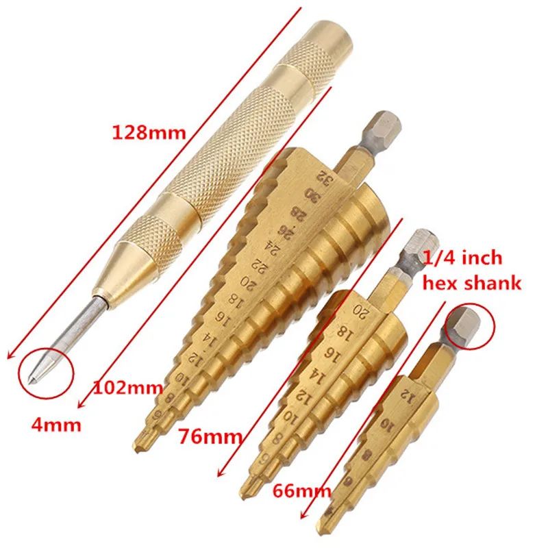 3 шт HSS титановое покрытие шаг 1/" шестигранный хвостовик сверла 4-12/4-20/4-32 мм коронки сверла с 4 мм автоматический центральный штырь удар