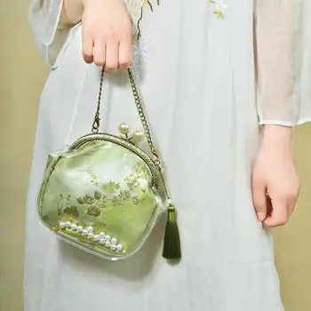 

Angelatracy 2019 New Arrival Handmade Metal Frame Pearl Green HanFu Transparent Tassel Flower Brocade Handbag Crossbody Bag