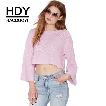 

HDY Haoduoyi Brand 2020 New In Solid Pink White Sweet Women Sweaters Flare Sleeve Knitted Mesh Female Crop Tops Casual Pullovers
