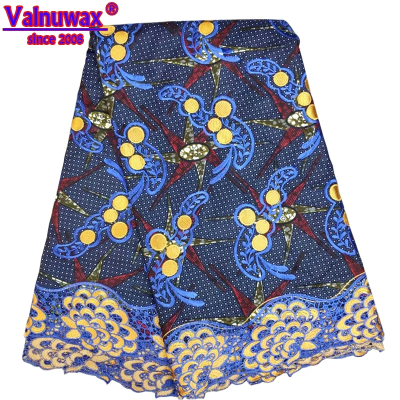 

Veritable african wax embroidered lace fabric new coming design 6 yards ankara cotton wax lace fabrics for party dress KW-L15#