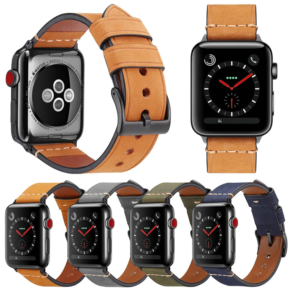 

Scrub Genuine Leather Strap Band for Apple Watch Series 5 4 3 2 Crazy Horse Pattern Watchband Black Buckle Replacement Bracelet