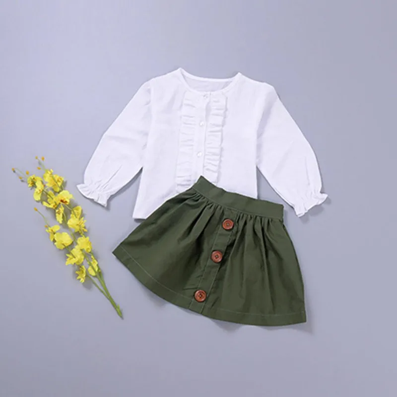 

WEIXINBUY 2Pcs Sets Toddler Kids Girls White Long Sleeved Tops + Green Skirt Clothes Set Baby Solid Outfits Clothes