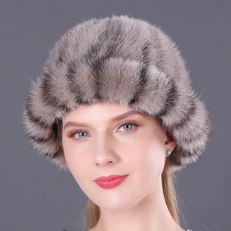 Mink Fur Bucket Hat Fashion Winter Solid Color Real Animals Fur Thicken Protective Headwear Female Natural Mink Fur Buckets Cap - Цвет: color3