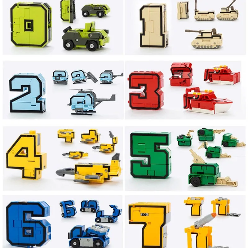 10Pcs Creative Assembling Educational Blocks Action Figure Number Transformation Robot Deform Plane Car Gift Toys for Children