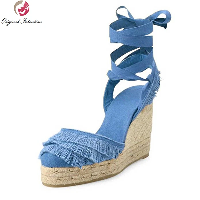 

Original Intention Elegant Women Sandals Round Toe Wedges Sandals High-quality Green Blue Red Shoes Woman Plus US Size 4-15