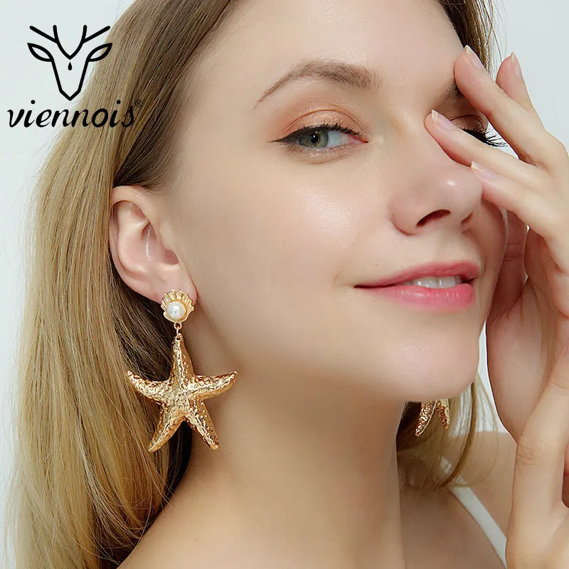 

Viennois Golden Alloy Shell Pearl Earrings Exaggeration Starfish Dangle Earring For Women