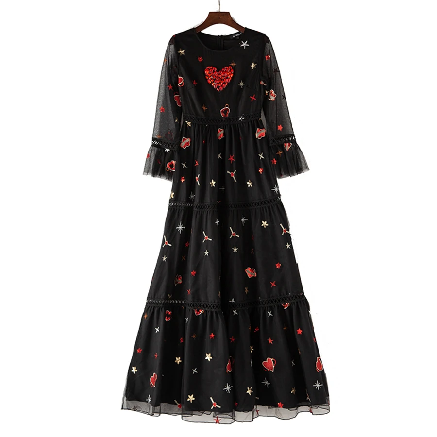 Perles Automne Étoiles Manches De Robe 2018 Plein Femmes Longues Broderie Robes Aeleseen Flare Évider Mode Luxe Coeur YaAwaq