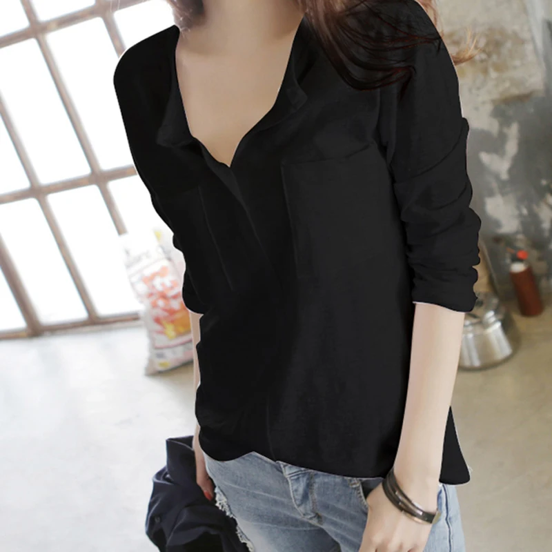 Camiseta de Mujer 2018 otoño Mujer camiseta moda Sexy cuello pico algodón sólido Tops Casual Mujer manga larga Camisetas Mujer