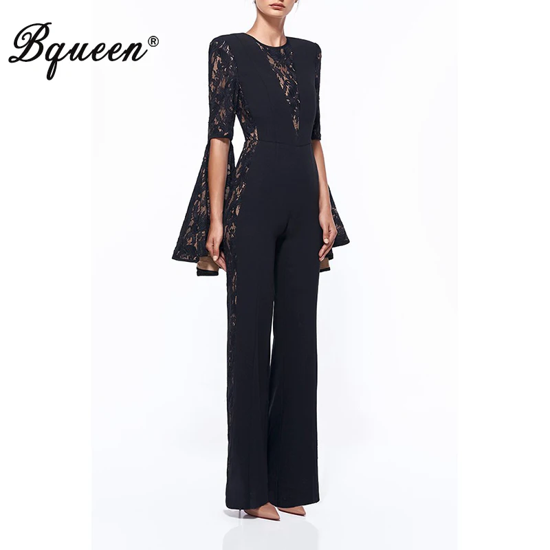 

Bqueen Full Length Jumpsuits Fashion Solid Full Sleeve Flare Split Bodysuits Sexy Lace Hollow Out O Neck Bodycon Women Jumpsuits