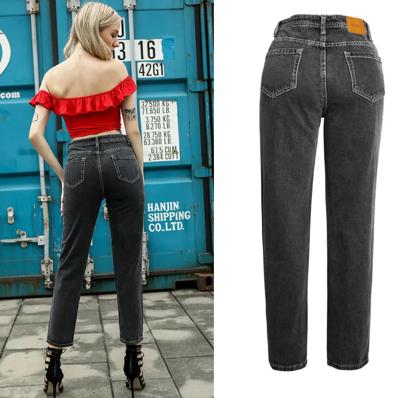 LOGAMI High Waist Straight Jeans Woman Casual Boyfriend Jeans For Women Denim Pants Dark Grey