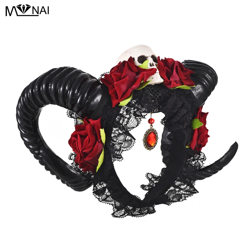 

Demon Sheep Horn Rose Flower Headband Gothic Kawaii Skull Horror Halloween Party Cosplay Retro Hair Accessories Vintage Hairpin