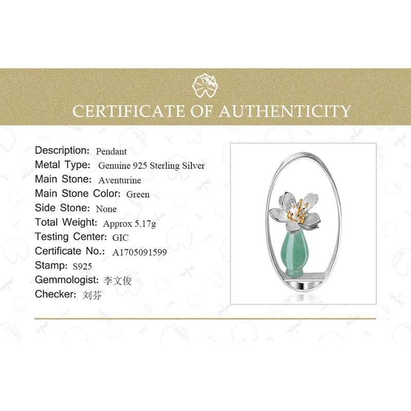 Lotus Fun Real 925 Sterling Silver Natural Aventurine Handmade Fine Jewelry Lotus Whispers Vase Pendant without Necklace Women