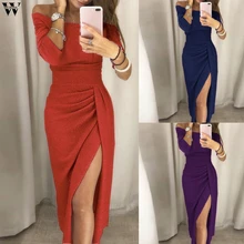 Новое модное женское сексуальное платье на одно плечо, осеннее платье до колен с длинными рукавами, Dec14