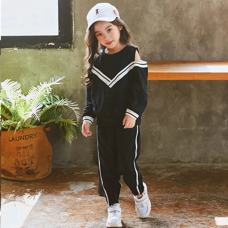 

Children 2pcs/set Kids Baby Polos Suit Girls Long Sleeve Shirt + Pant Sport Clothes Sweatshirt Children Open Shoulder Clothing