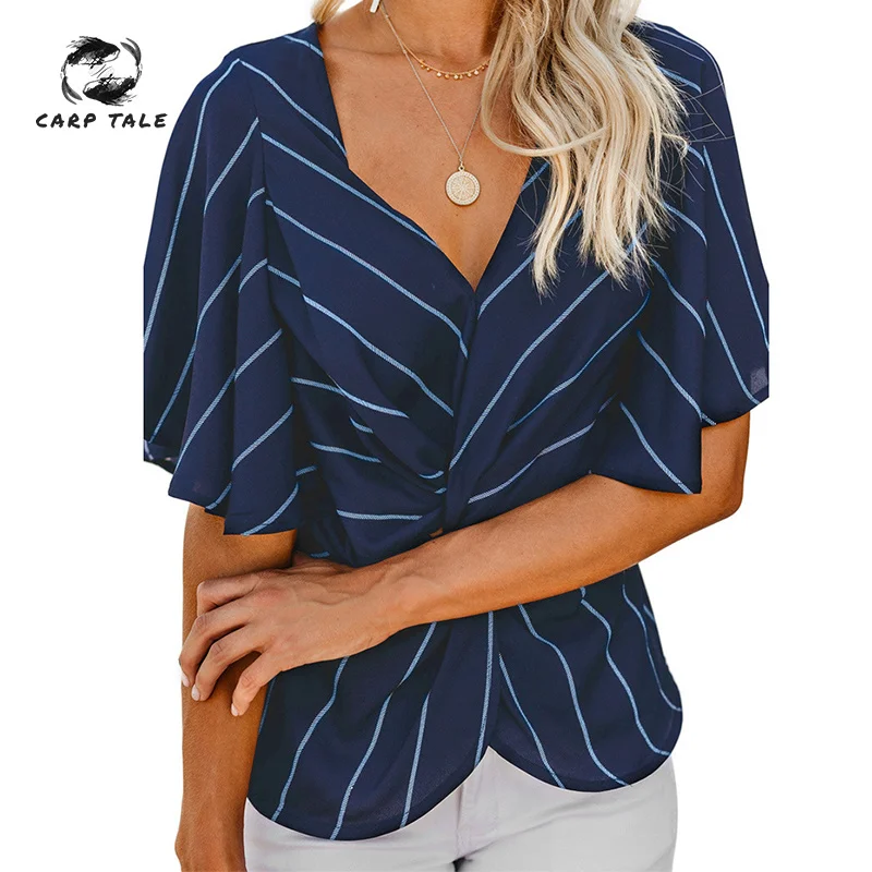 

Summer new solid color shirt Europe and America loose comfortable wild V-neck bat short sleeve twist knotted design shirt