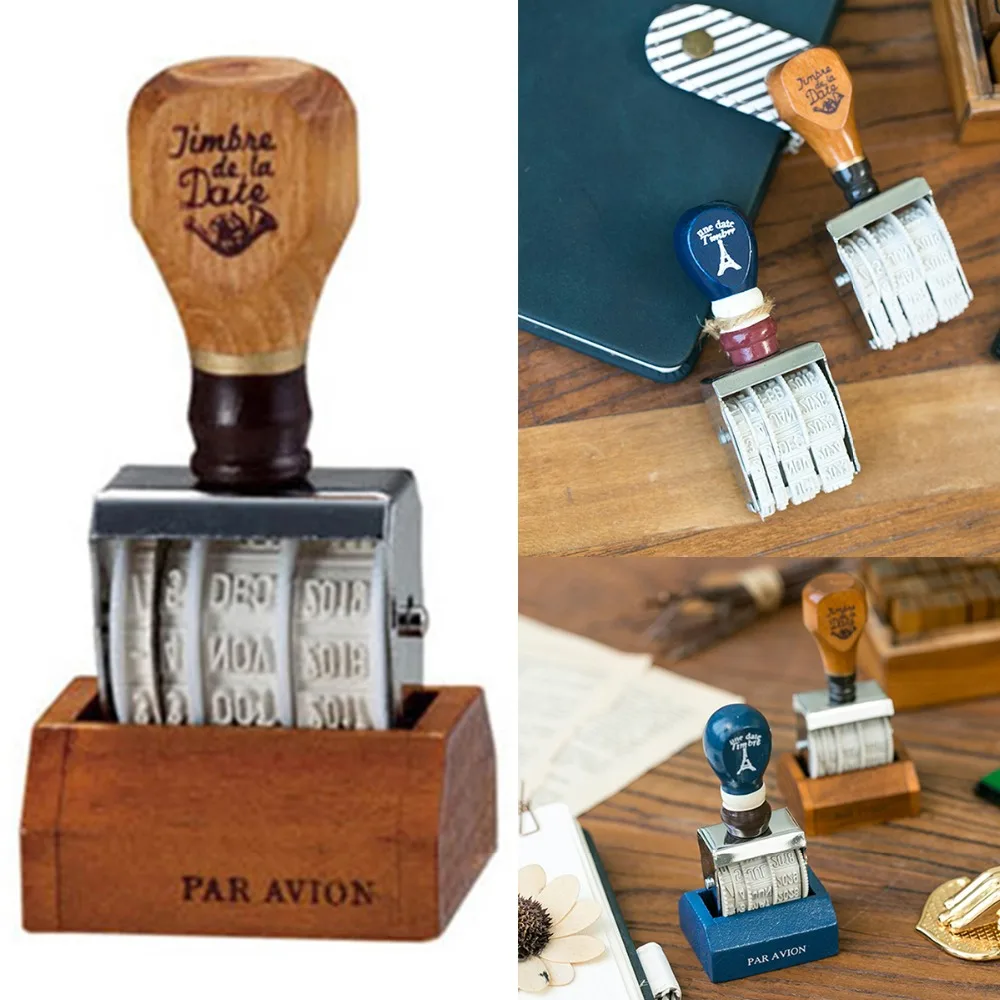 

1pc Retro Wooden Handle Date DIY Stamp Rolling Month Date Wheel Stamps For Stationer Diary Album photography prop