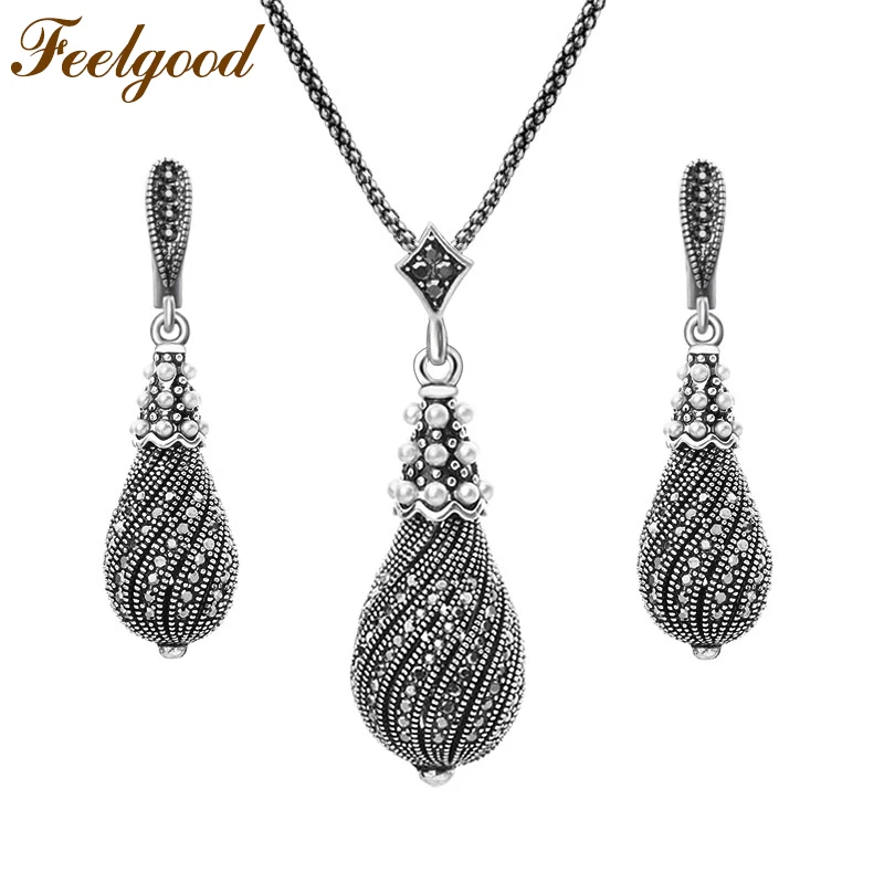 Feelgood Individuality Silver Color Vintage Jewelry Set Full Black Rhinestone Paved Water Drop Earrings And Necklace Sets Feelgood Individuality Silver Color Vintage Jewelry Set Full Black Rhinestone Paved Water Drop Earrings And Necklace Sets