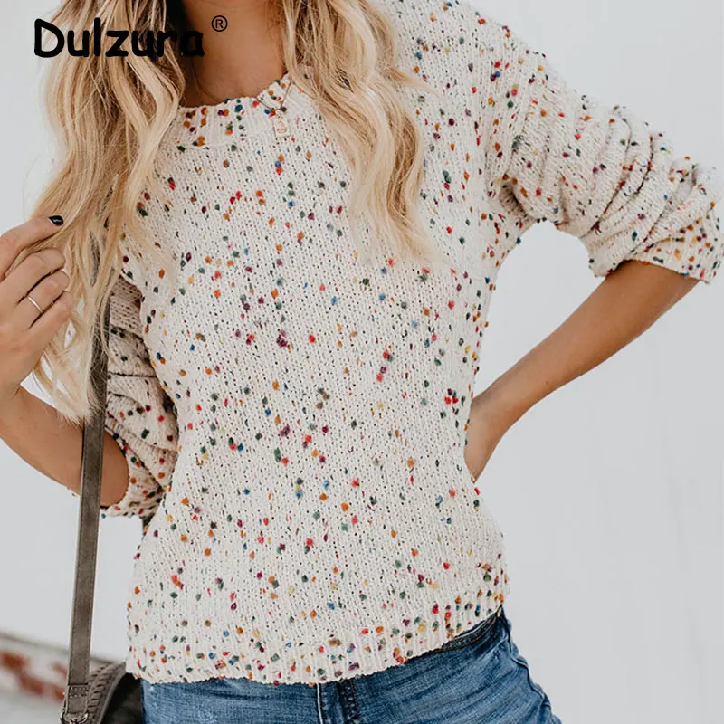 

2019 Autumn Colorful Knitted Sweaters Women Cute kawaii Colored Dot Decoration Jumpers Top Casual O-Neck Cozy Soft Kintwear