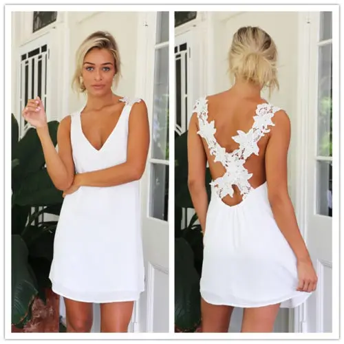 

2015 Hot New Sexy Women Celeb V Neck Backless Lace Crochet Chiffon Summer Beach Mini Dress