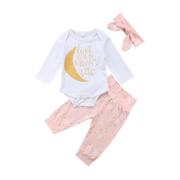

Brand New 3 Pieces Set Adorable Newborn Baby Boys Girls Moon Romper Tops Bodysuit Pants + Headwear Headband Outfits Clothes Set