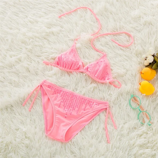 Mädchen Bikini Mit Pailletten & Rüschen - Zweiteiliger Badeanzug Mit Hoher Taille