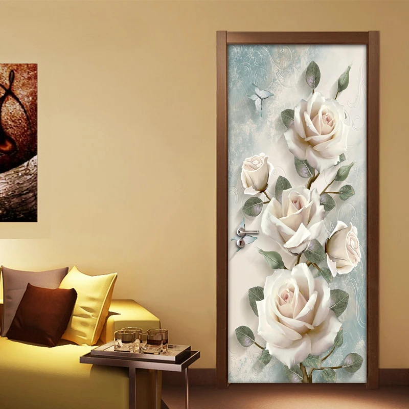 Creative 3D Flowers Door Sticker Home Decor Wall Decals DIY Self Adhesive Door Wallpaper PVC Waterproof Mural Bedroom Decoration