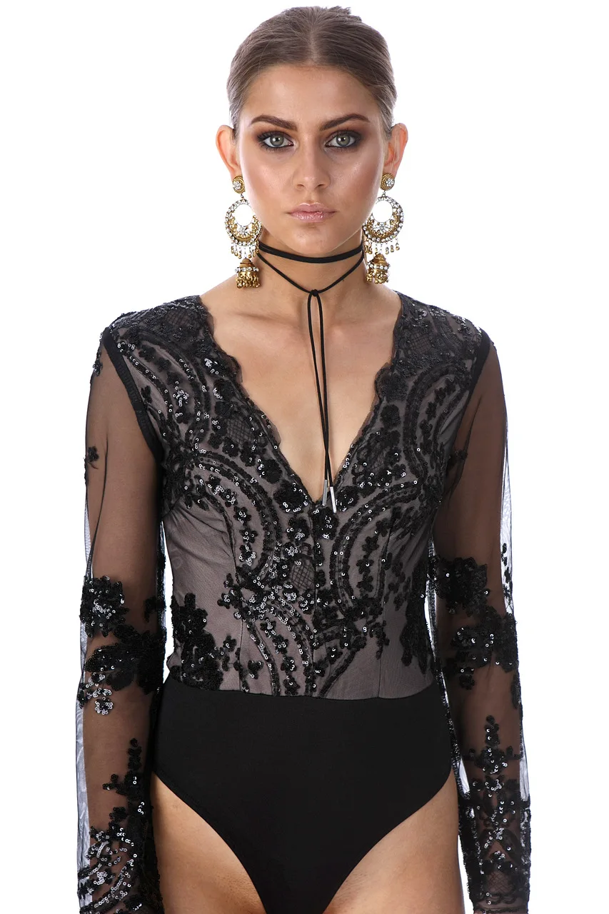 Sexy V Neck Sequin bodysuit women Summer beach Mesh long sleeve one piece bodycon Jumpsuit Night club Party Overalls body femme