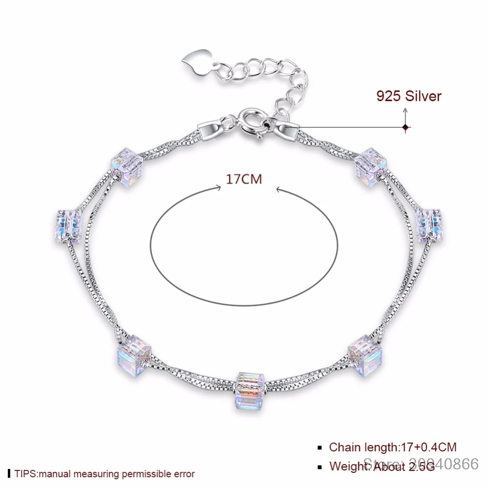 LEKANI Square Crystals From SWAROVSKI 925 Silver Double Chain Link Bracelet Bangles Beads Accessories For Women Fine Jewelry