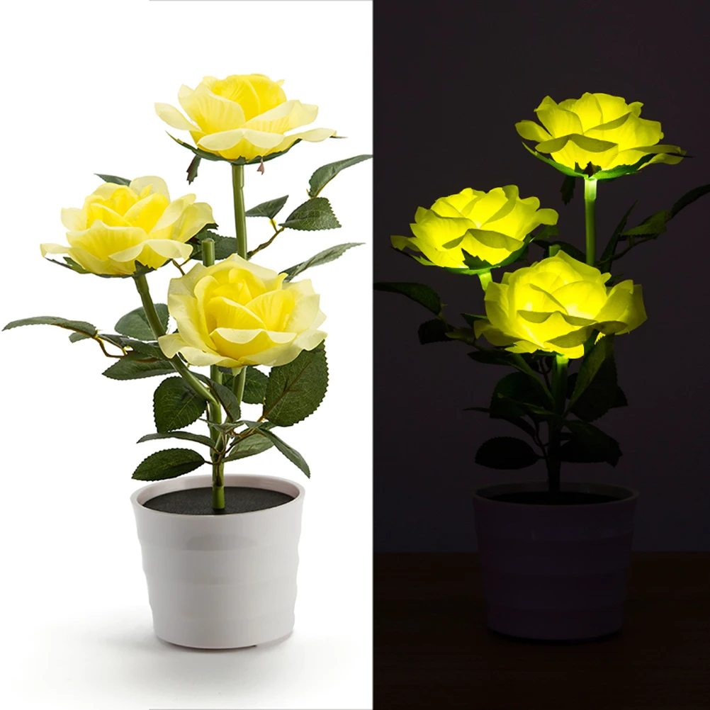 Solar Rose Flower Lights LED Lighted Artificial Rose Pot With 3 Lights Flower Bonsai LED Light