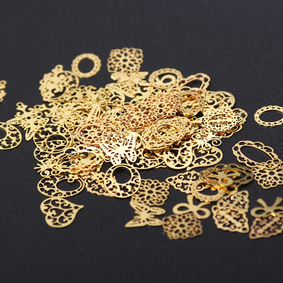 3D Золотой металлический ломтик блестки смешанный дизайн цветок бабочка амулеты украшения для ногтей DIY Полые маникюрные шпильки CH967