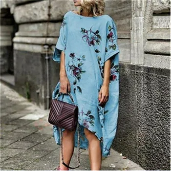 

Women Cotton Linen Mini Dress 2019 Women Summer Plus Size New Dress Boho Style Floral Printed Beach Dress Loose Dresses Vestidos