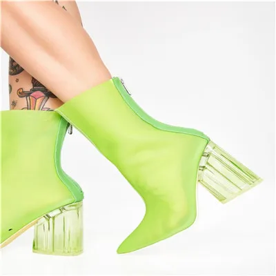 MStacchi/женские прозрачные ботильоны; женская обувь с острым носком на молнии; модные ботинки на толстом каблуке со стразами; пикантная женская свадебная обувь - Цвет: Зеленый