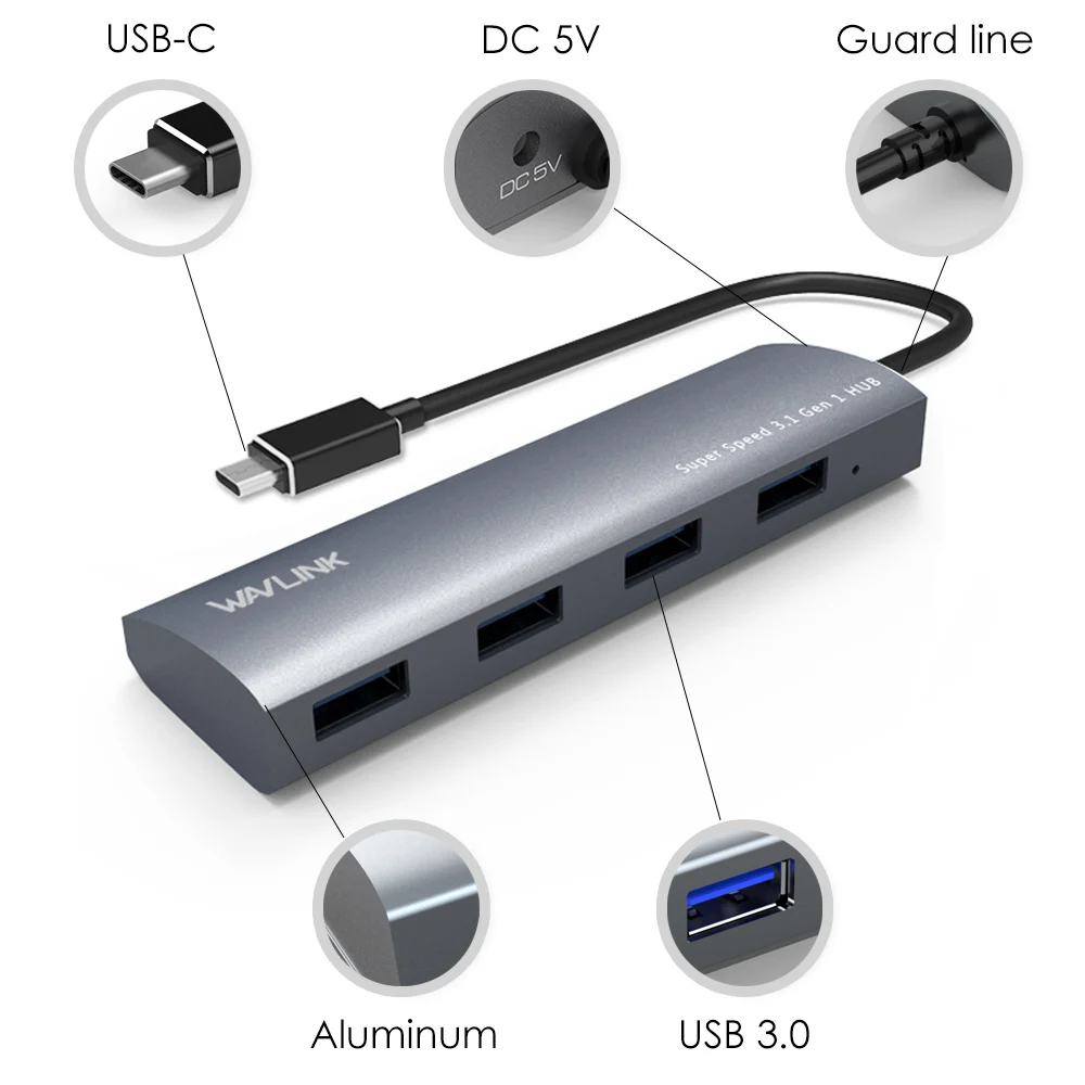 Алюминиевый концентратор USB 3 0 Wavlink 4 порта адаптер Type C с зарядным портом для MacBook