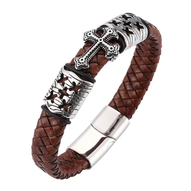 Vintage Men Bracelet Punk Brown Braided Leather Cross Bracelet Male ...