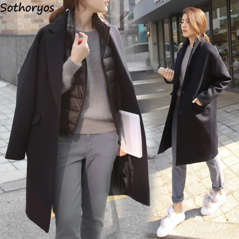 

Blends Women Pockets Solid Turn-down Collar Simple All-match Coats Womens Trendy Simple Cotton Korean Style Ladies Elegant Coat