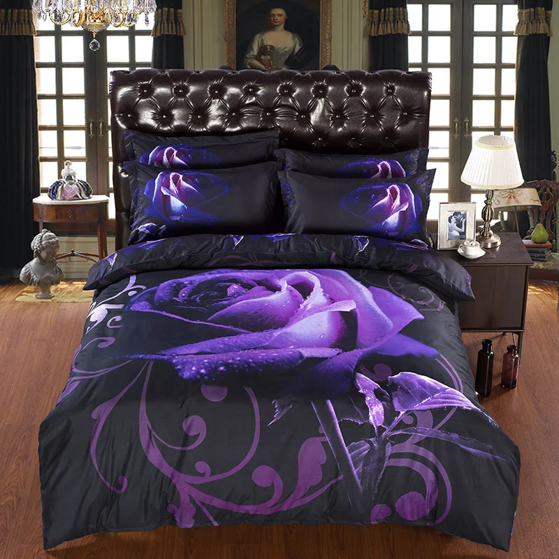 4PCS / SET Modern Luxury Purple Rose and black 3d bedding set double