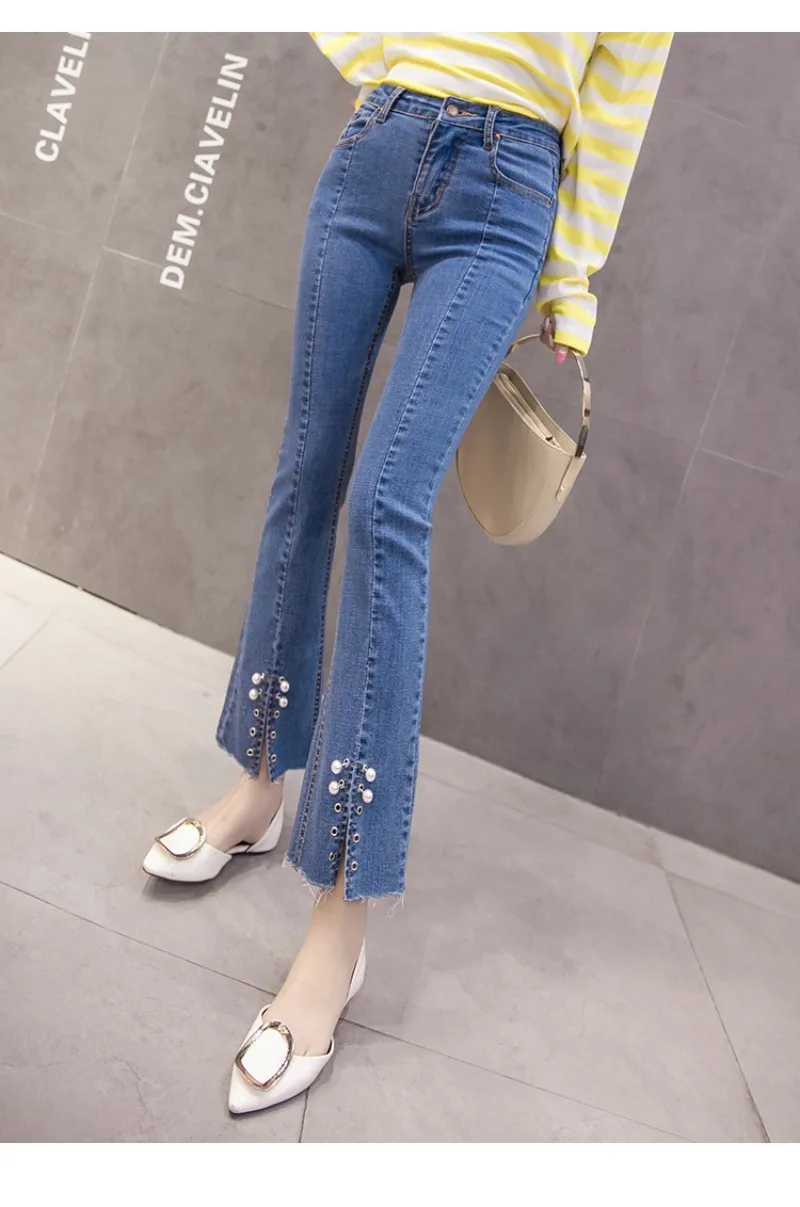 Основные Длинные с Высокая Талия расклешенные джинсы Для женщин отбеленные клеш обтягивающие джинсы женские широкие брюки джинсовые